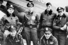 363rd FS pilots in from of P-51B Old Crow. (L-R standing) Jim Sloan, John Stern, Keehn Landis and Robert Fifield. Kneeling unknown (R) Norbert Fisher
